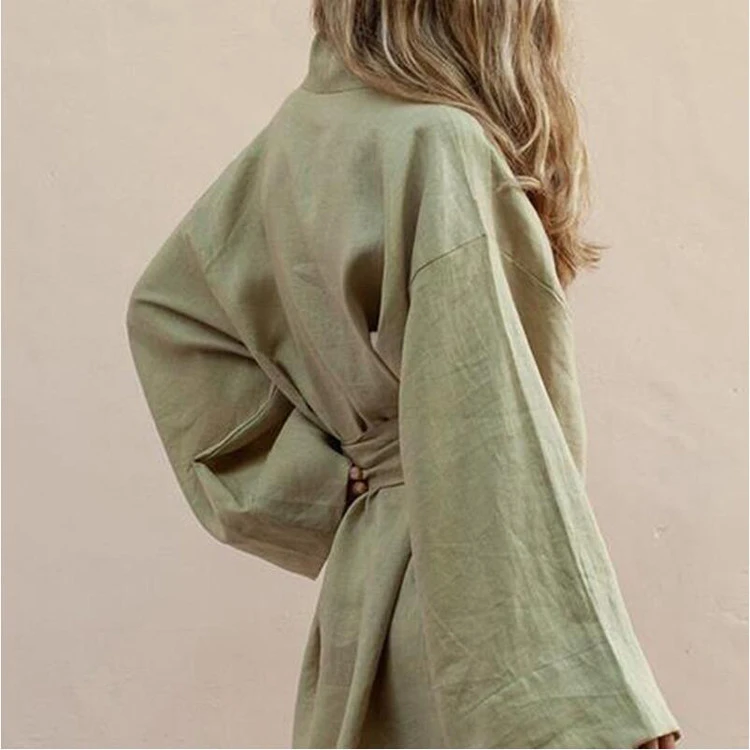 Women's Elegant Solid Cotton Linen Robe Long Sleeve Belt For Casual And Formal Occasions Bathrobe Simple Japan Style Kimono image 5