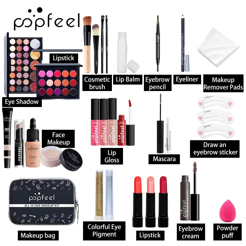 Make-Up Set, Cosmetische Set, Oogschaduwpalet, Lipgloss Set, Vloeibare Lippenstift, Make-Up Spons, Foundation, Concealer, Wenkbrauw