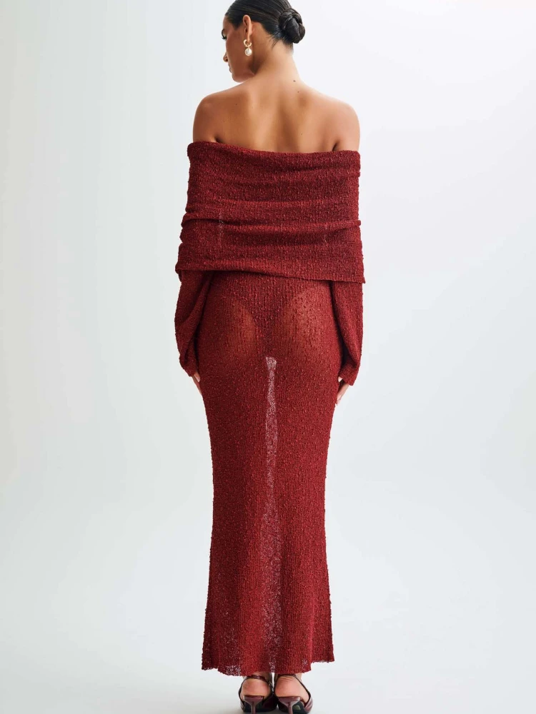 

Luxury High-end Sexy Cover Up Long Sleeve Maxi Dress Knit Holiday Beach Party Dresses Women See-through Off-shoulder Chic Dress