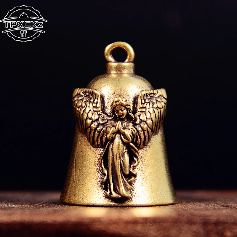 Campana de latón con alas de ángel de la guarda, llavero de campana para motocicleta, joyería de la suerte para motociclistas y exorcistas.