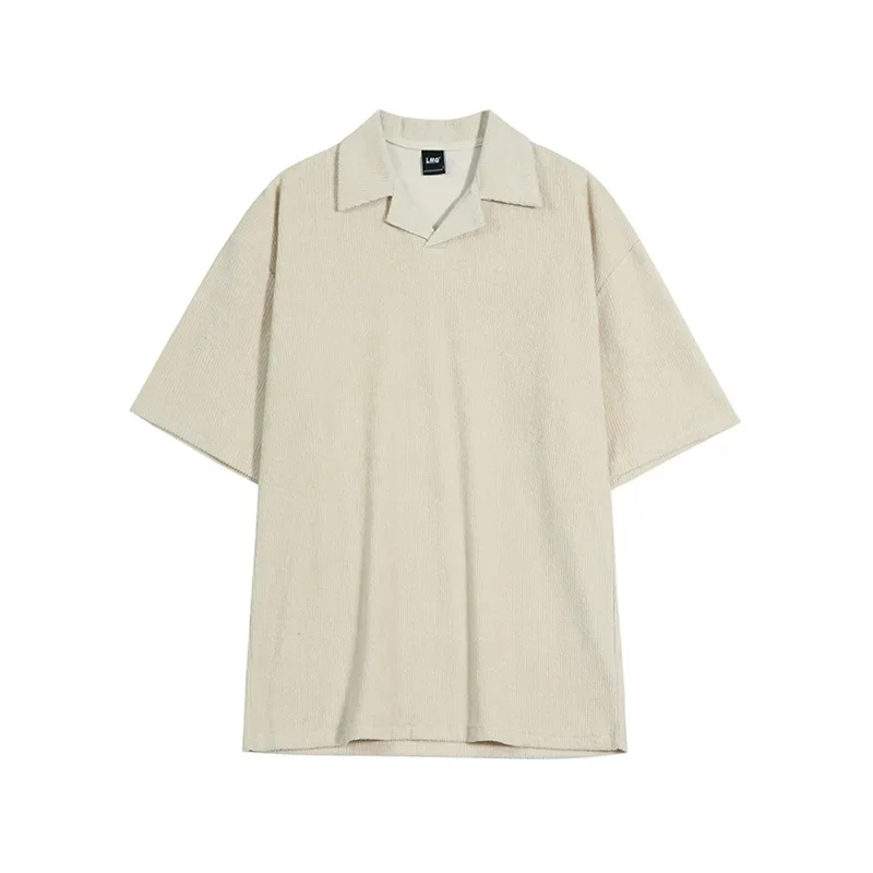 Pop Japanese New Fashion Vintage Cuban Collar Short Sleeve T-shirts Men's Summer New Fashion Solid Color Casual Trendy T-shirts