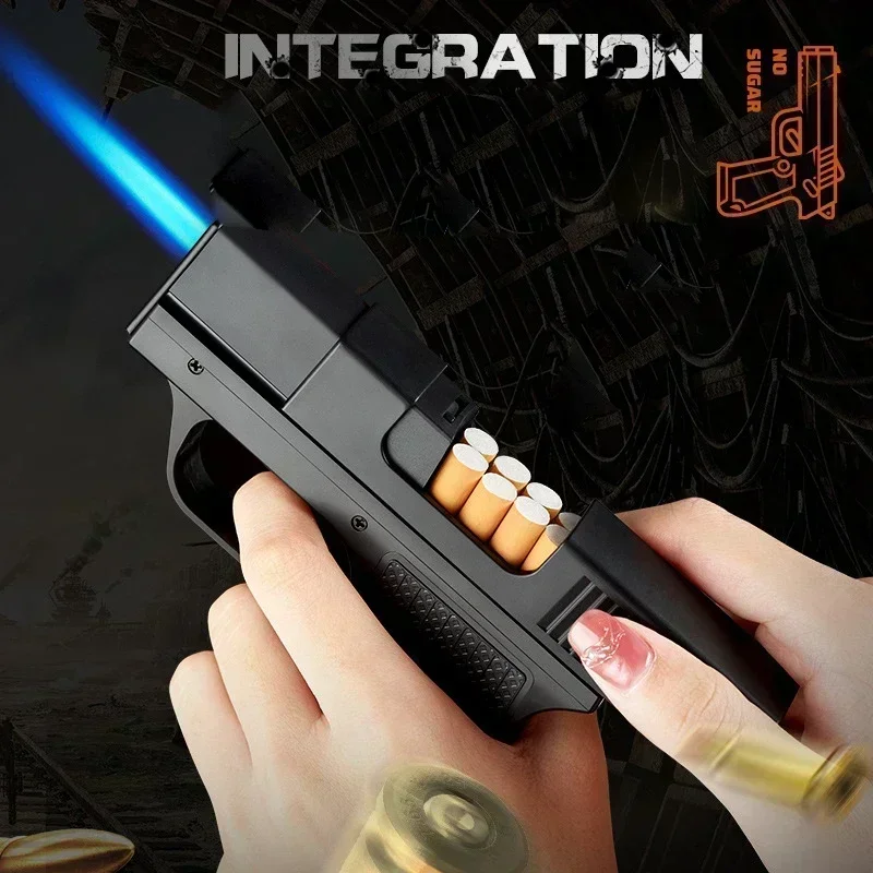 Unusual Pistol Style Lighters with Cigarette Case Jet Turb Torch Lighter Capacity 10PCS Cigarette Windproof Cigar Lighter