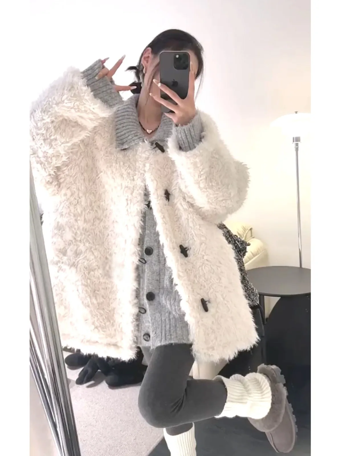 

Lamb Wool Jacket Outerwear Woman Advanced Autumn Winter Thermal Training Grid Distressed Fringed Chiffon Turtleneck Tear Style