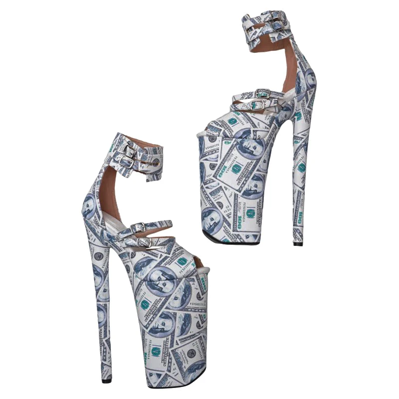 Leecabe 26CM/10inches Matte PU US Dollar Pattern Open Toe sexy Exotic High Heel Platform Party Sandals Pole Dance Shoes