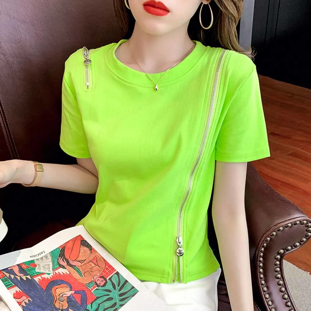 Summer Black White Green Streetwear T-shirt Women With Zipper Sexy Short T Shirt Femme Cotton Skinny Womens Tee Shirts