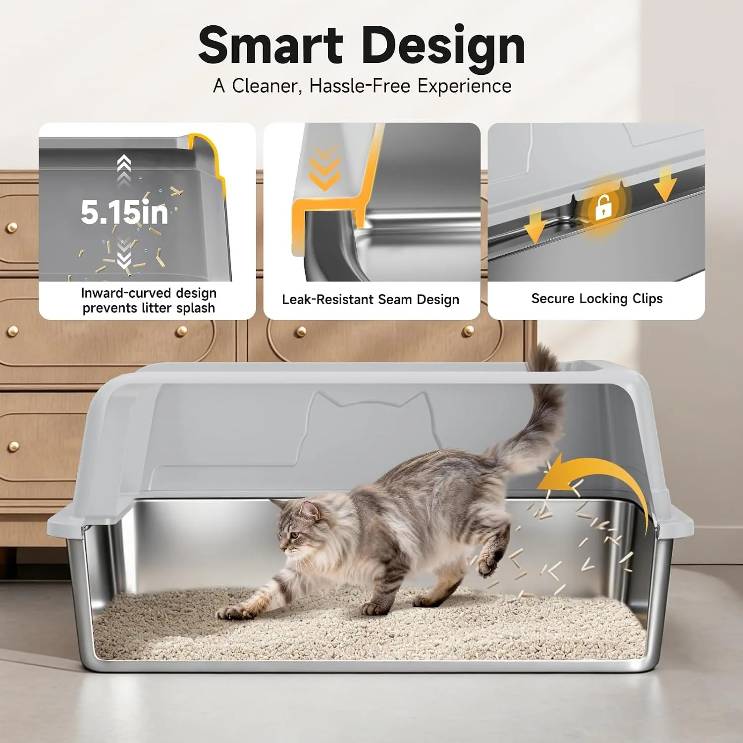 Stainless Steel XL Cat Litter Box for Cats, High-Sided Design Prevents Urine Leakage, Non-Stick, Easy to Clean, Includes Scoop view 2