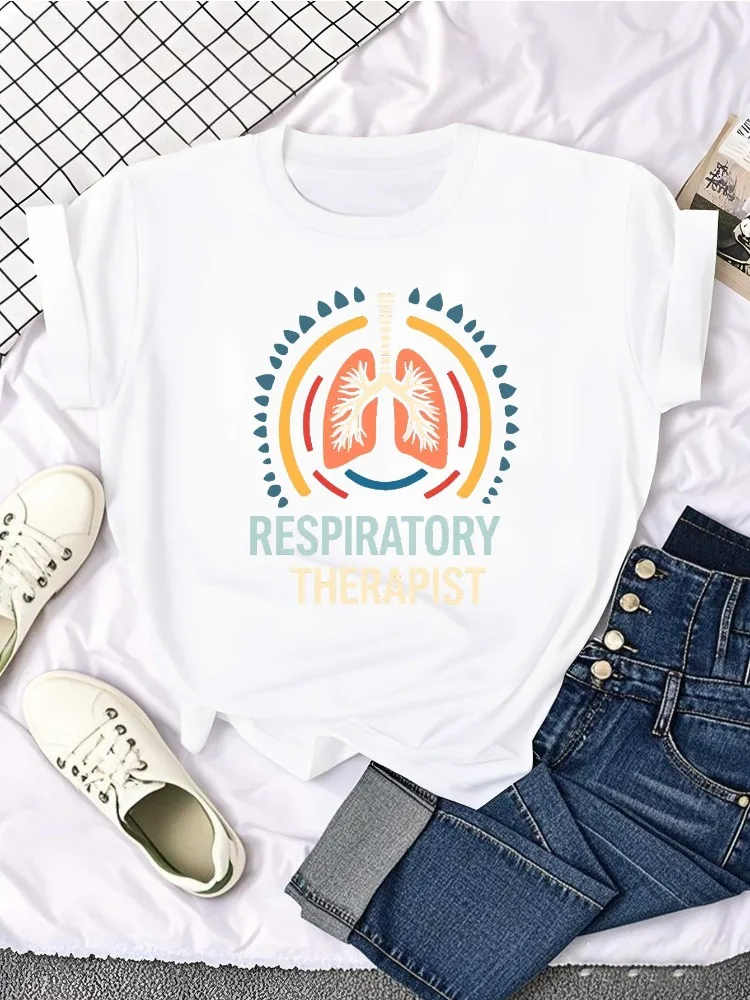 Women's Respiratory Therapist Lung Anatomy Icon T-Shirt Respiratory Therapist Text Casual Crew Neck T-Shirt