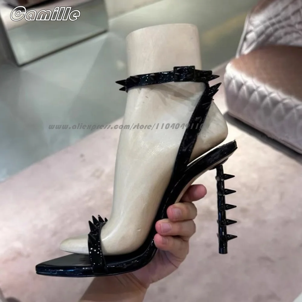 

Solid Ankle Belt Buckle Satrap Metal Rivet Sexy Lady Sandals One Word Belt Strange Heel Sandals Pointed Size 34-43 High Heels