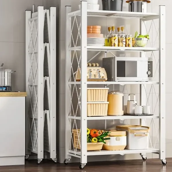 Multi-Layer Foldable Storage Shelf No Assembly Rolling Shelving Unit with Wheels 3/4/5 Tier Metal Organizer Rack Organizer