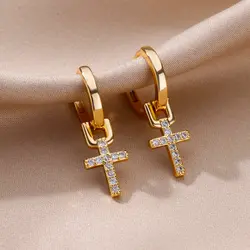 Stainless Steel Zircon Cross Dangle Earrings For Women Girls Cross Earring 2023 Trending Couple Wedding Aesthetic Jewelry Gifts