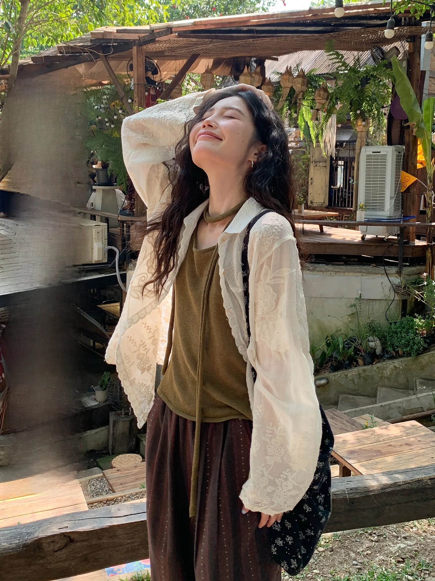 

French Style Embroidered Micro Transparent Shirt Collar Loose Fit Long Sleeve Women's Shirt Two Pieces Set Summer Collection