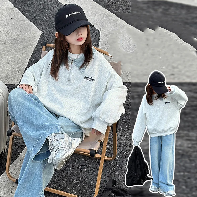 

Autumn School Girl Outfit Letter Printed Turn Down Collar Half Zipper Sweatshirt+Denim Pant Kid Girl 2pcs Suit Children Girl Set