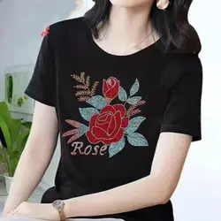 Fashion Mother Summer Short Sleeve Elastic Modal Daffodil Flower Hot Drill T Shirt Women Sweat-absorbent Temperament Lady Tops