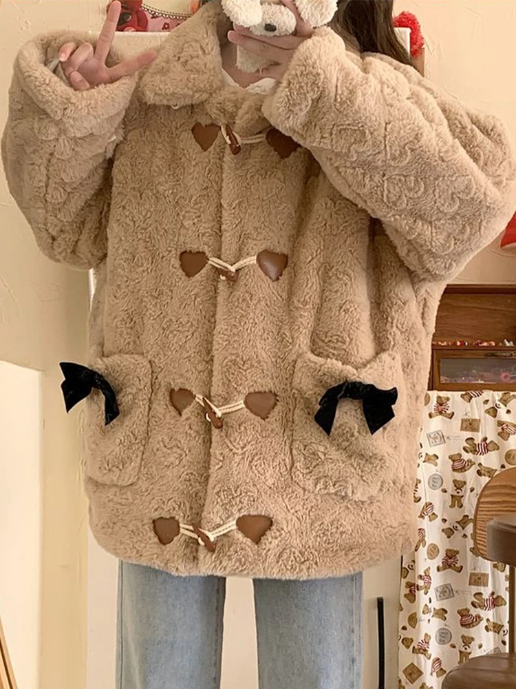 Kawaii Plush Coat Women Korean Fashion Preppy Style Warm Jacket Female Winter Sweet Casual Bow Horn Button Outerwear Ladies