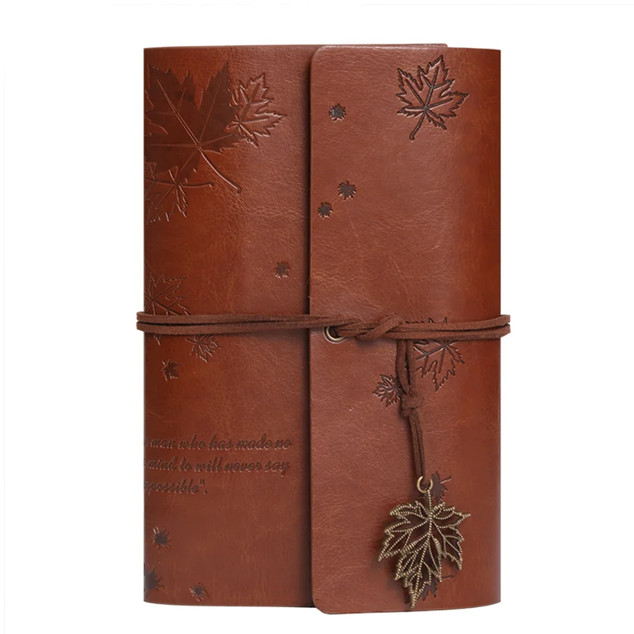 Retro-Ledereinband, nostalgisches Notizbuch mit gefallenen Blättern und Spiralringen für lose Blätter | Reisetagebuch | Handkontobuch im Waldstil – Detail 8