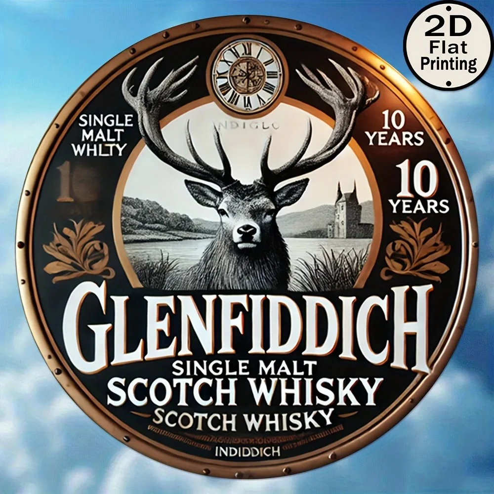 Glenfiddich Heritage Stag - Letrero de metal vintage - Impresión plana 2D redonda de 8", decoración de bar y cafetería, regalo perfecto