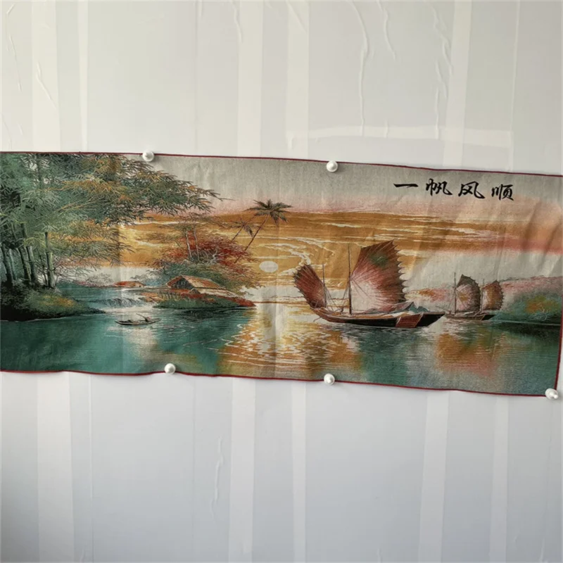 Chinese Old Color Brocade Embroidery 'Plain Sailing' Decorative Artwork Piece - Driving a Small Boat Home Decor