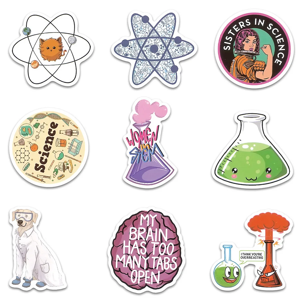 Stiker laboratorium sains kartun, 10/30/50 buah stiker mainan anak, dekorasi grafiti buku tempel telepon koper Laptop