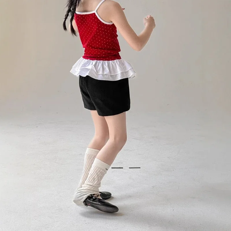 

2025 Summer Mid to Large Children's New Anti Glare Solid Color Workwear A-line Retro Short Skirt Pants