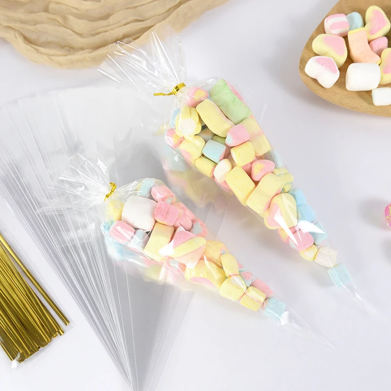 50PCS Transparent Plastic Candy Bags Triangle Snack Bag Popcorn Cookie Packaging Bag Wedding Birthday Baby Shower Christmas