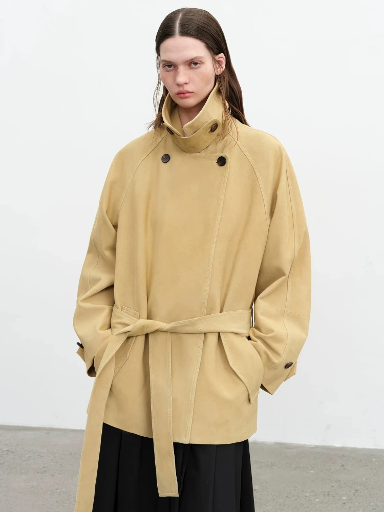 

Genuine Leather Windbreaker Jackets for Women Spring Autumn High-end Simple Vintage Loose Real Sheepskin Suede Coat with Belt