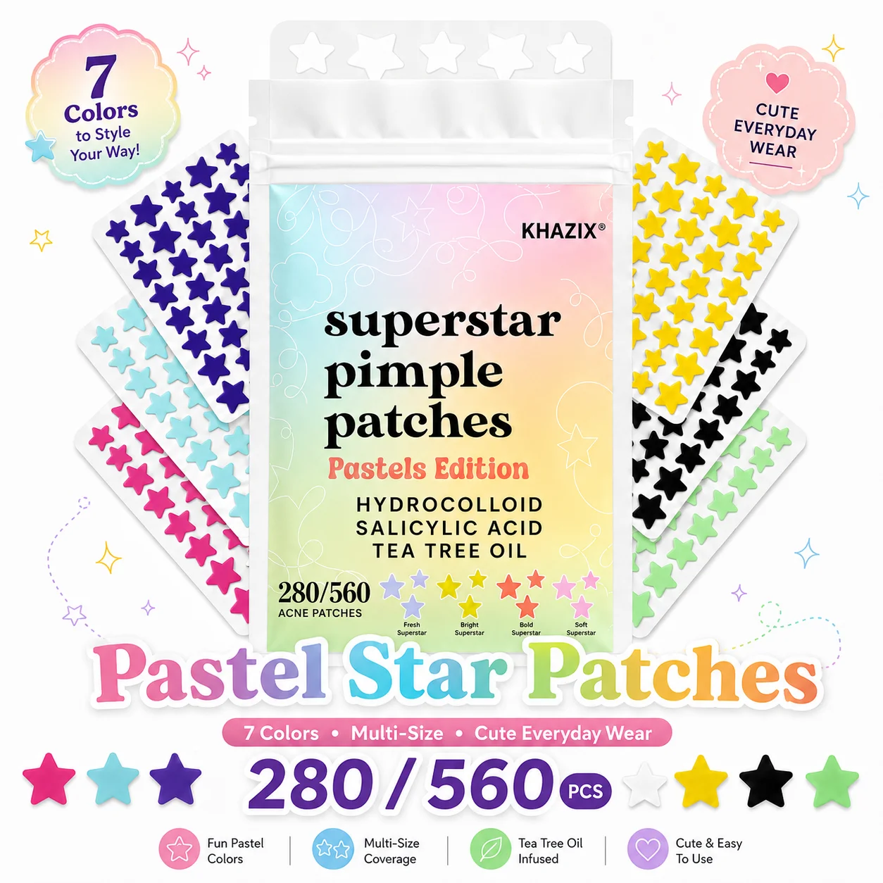 Hydrocolloid, Dermatologist Tested, Covers and Protects Visible Spots, Absorbs Gunk, 7Colors, Star stickers(280\560)