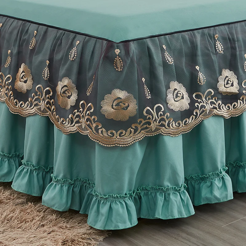 Green Lace Embroidery Cotton Bedding Bedspread Pillowcases European Solid Color Bed Skirt Mattress Cover Home Textile