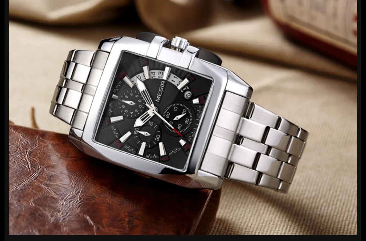 ساعة رجالية جديدة Megir Steel Band كوارتز ساعة رجالية رياضية في الهواء الطلق ساعة رجالية مربعة