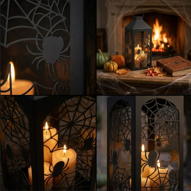 Retro black metal spider pattern hollow lantern