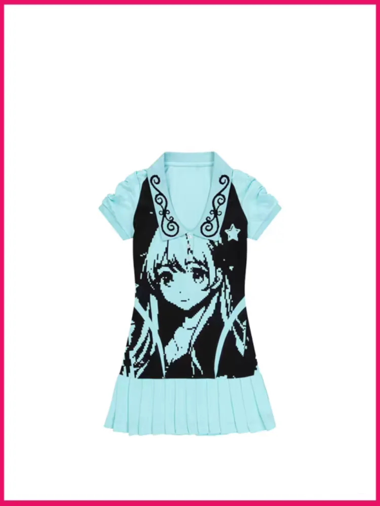 ثقافة فرعية يابانية ريترو هاراجوكو كارتون أنيمي فتاة جميلة مطبوعة فستان بأكمام قصيرة الاتجاه الأمريكي فستان فتاة حار ايمو
