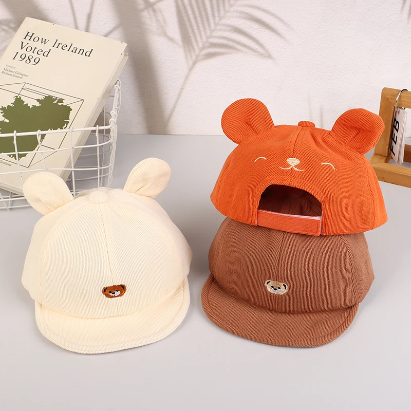 Cute Cartoon Bear Baby Baseball Hat With Ears Adjustable Solid Color Infant Peaked Cap Spring Summer Kids Cotton Sun Hats