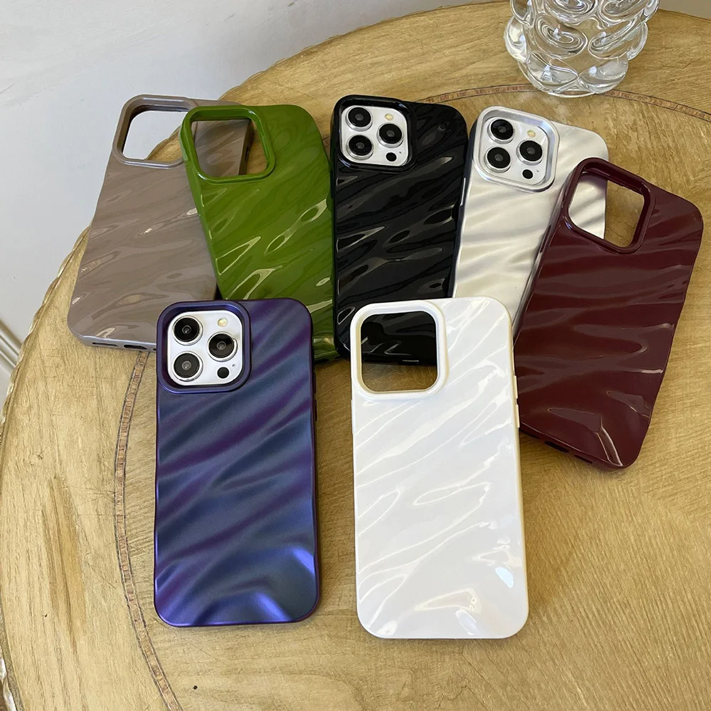 Luxury 3D Silk Wavy Pattern Phone Case For iPhone 14 Pro Max 13 17 11 16 12 15 Pro Max Air XR XS X 7 8 Plus SE Solid Color Cover