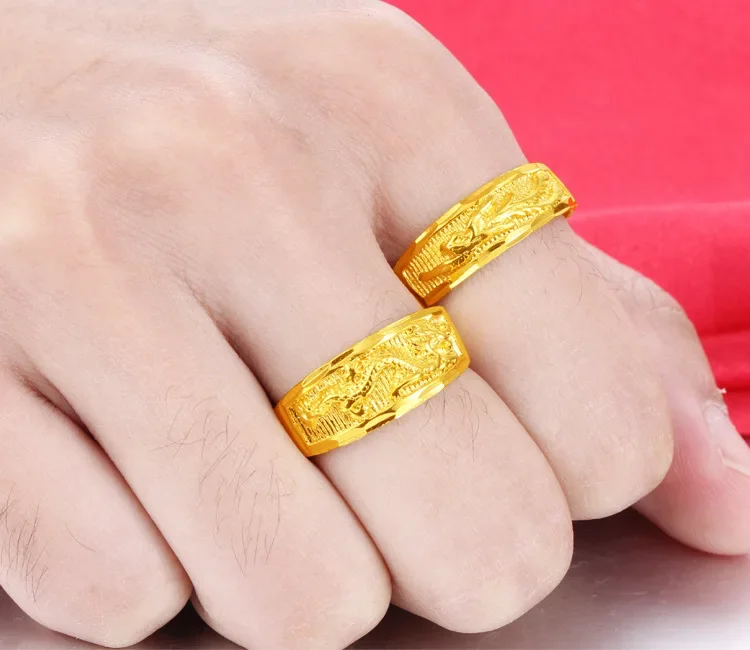 K Gold color Opening Rings for Love Couple Wedding Engagement Dragon Phoenix Pure Gold Ring Match Couple Jewelry Gifts