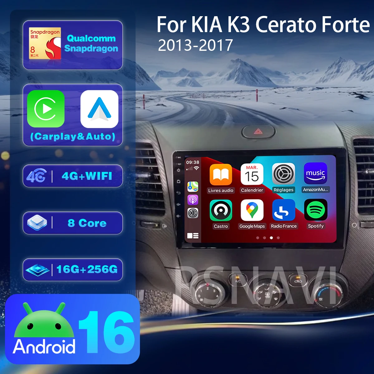 Qualcomm Android 16 For Kia K3 Cerato Forte 2013-2017 Carplay Auto BT video Car radio Qualcomm Screen Snapdragon Snapdragon