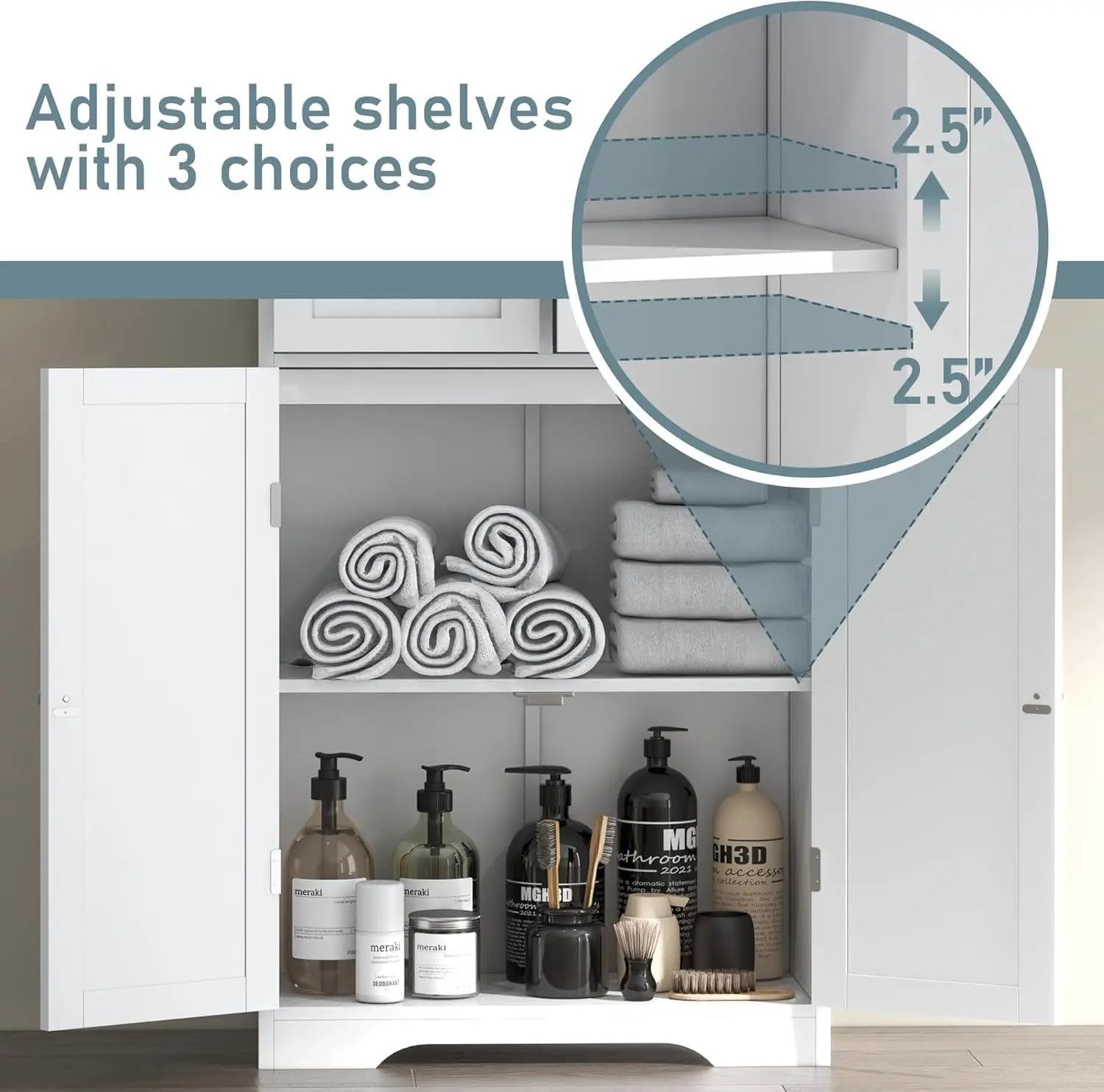 Tall Bathroom Storage Cabinet Freestanding Bathroom Cabinet With Glass Doors Shelves Large Bathroom Cabinet Frame With Drawers For Living Room Dining Room Office White view 5