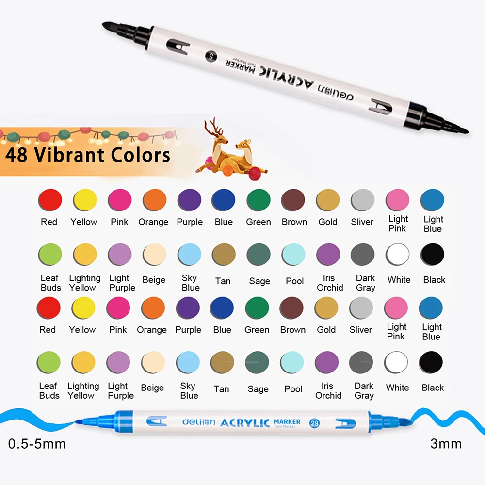 Deli 12/24/36/48 Color Permanent Acrylic Markers Double Headed Acrylic Paint Pens Waterproof Art Painting for Shoes Stone Glass