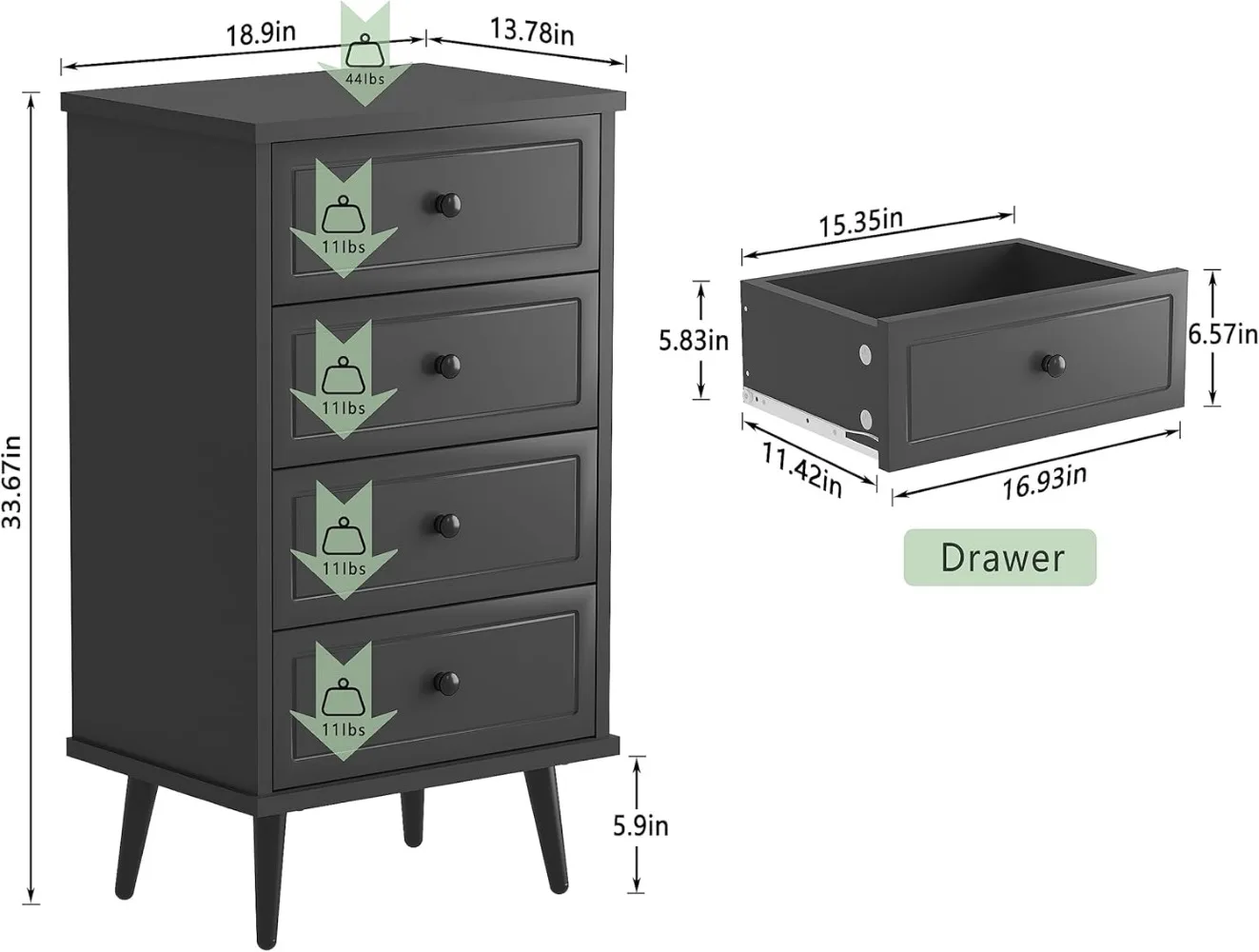 Function Home Dresser with 4 Drawers, Wood Storage Chest of Drawers with Anti-Toppling Device for Bathroom, Bedroom, Living Room