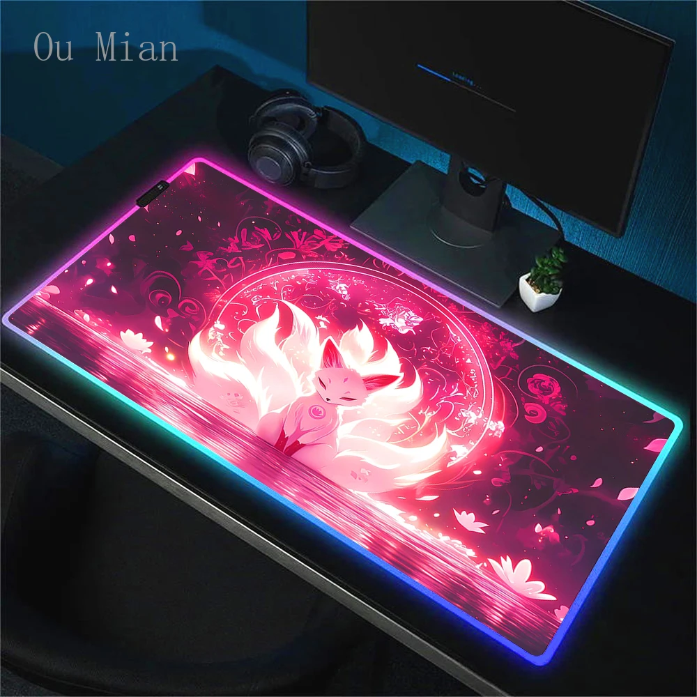 Pink Nine Tailed Fox Mouse Pad Rgb Gamer Colorful Mousepad Gaming Backlight Kawaii Deskmat Pc Luminescence Gamer Keyboard Mat XL