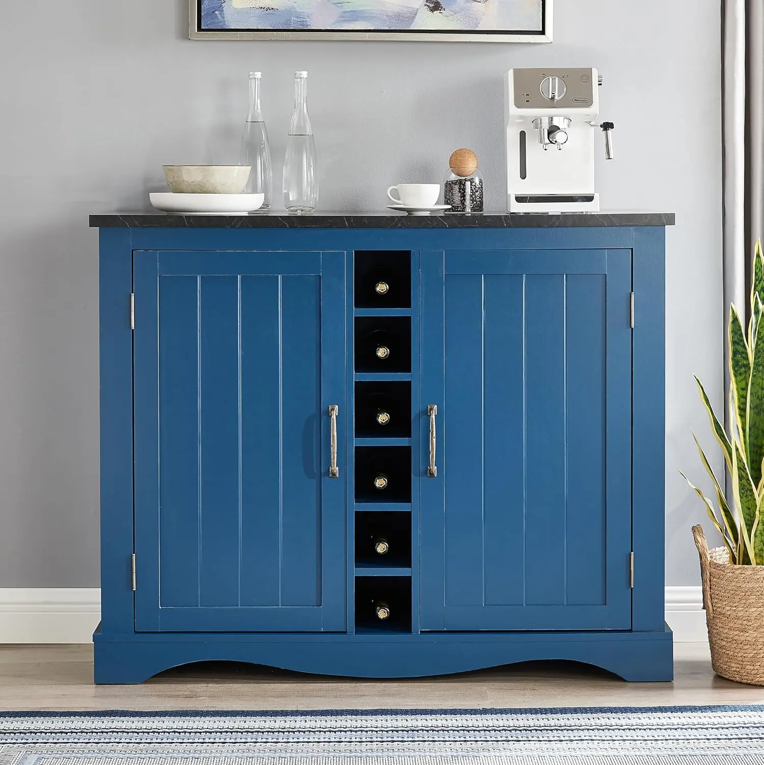 

47 Inch Wine Cabinet , Open Wine & Glass Rack, 5 Shelves, Kitchen Coffee Bar Buffet Sideboard Cabinet for Dining Room (Navy)