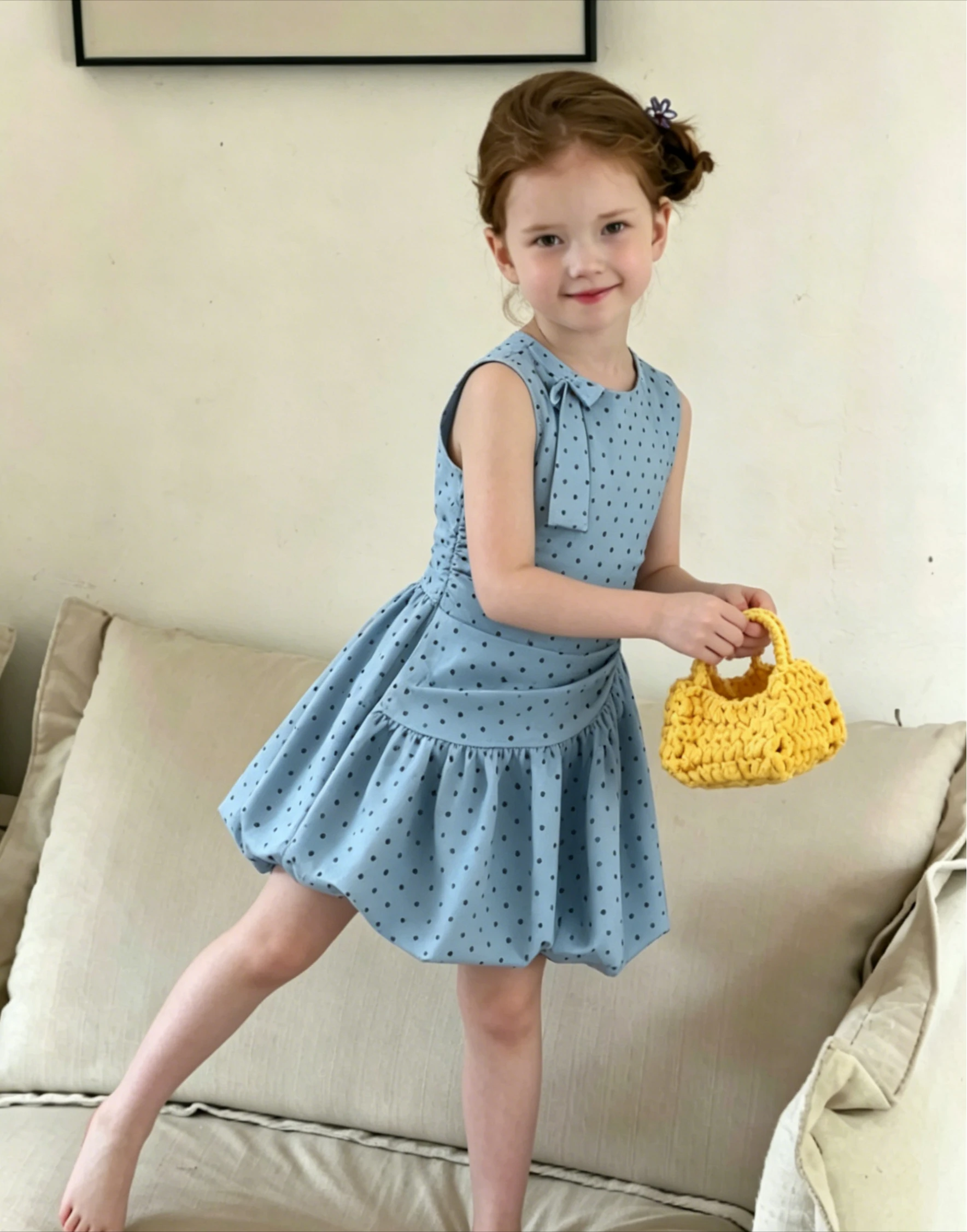 Korean Girls Dress 2026 Summer New Blue Polka Dot Hanging Neck Vest Skirt Waist Cinching Flower Bud Short Dress
