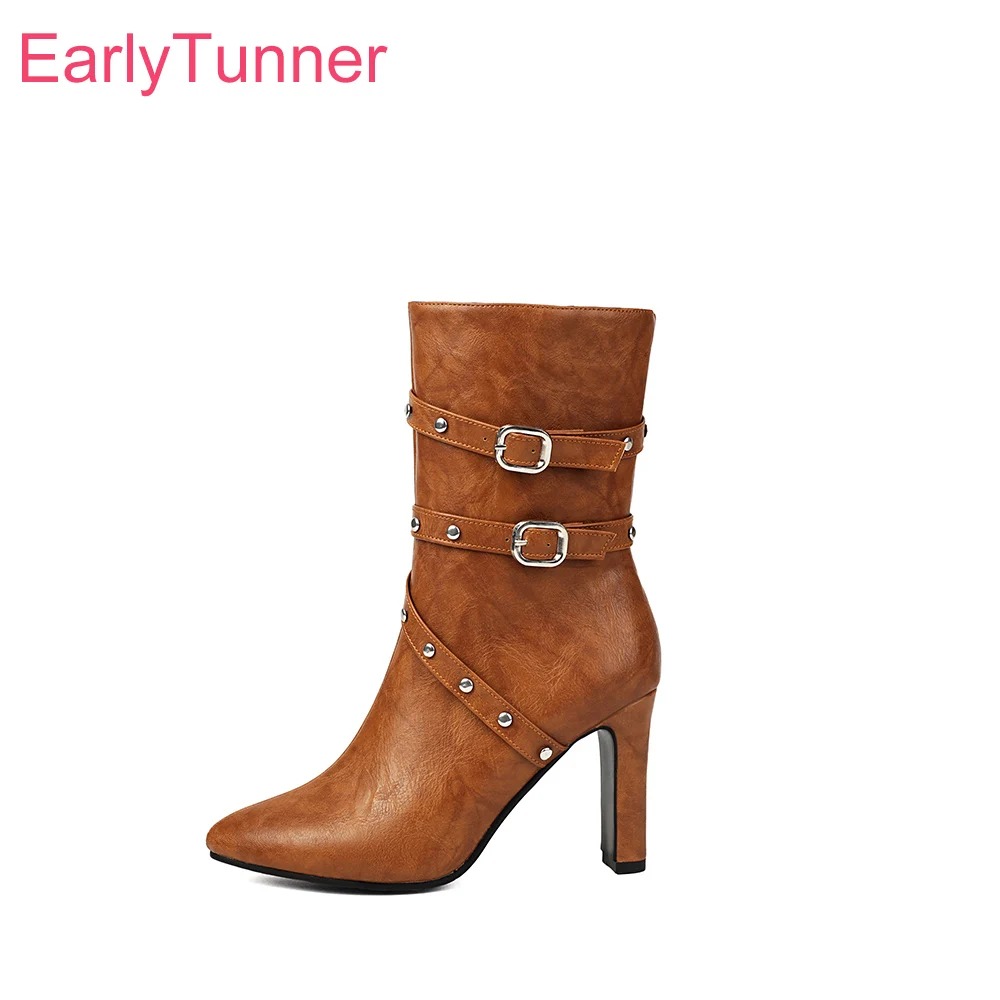 

2025 New Winter Fashion Brown Black Women Mid Calf Riding Boots Pointed Toe High Heel Lady Party Shoes Plus Big Size 11 43 45