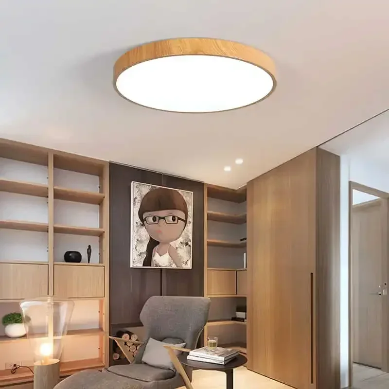 Nordic LED Ceiling Light for Living Room Bedroom Room Study Balcony Corridor Lamp Round Wood Color Indoor Decor Lighting Fixture