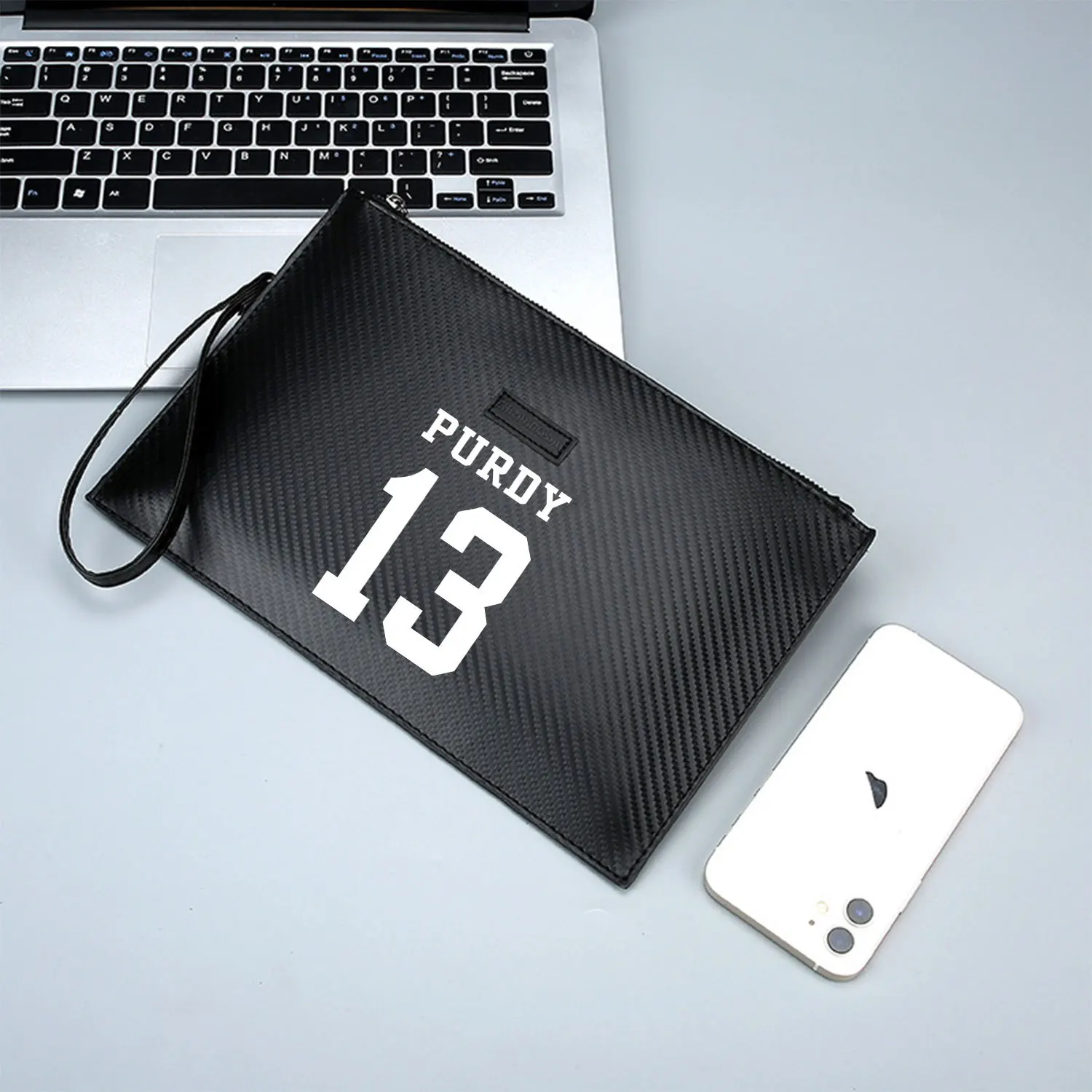 PURDY thirteen white bold numbers Elegant Printed PU Men's Handbag Fashionable and Practical for Everyday Carry