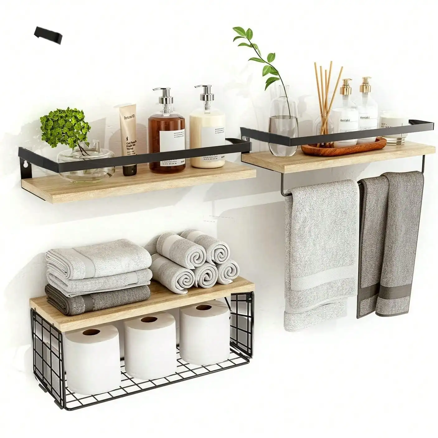 

4 Pack White Farmhouse Floating Shelves: 3 Wood Planks + 1 Wire Basket for Home Kitchen Bathroom