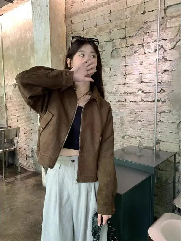 Cool ort Wildleder Jaet Damen Herbst Winter American Sle Retro Lazy Chic Leder Jaet Mantel für Damen Reißverschluss