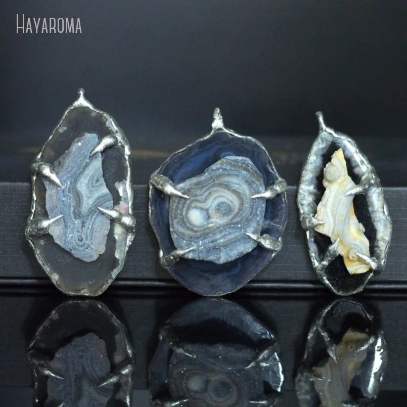 10Pcs Wholesale  Tin Solar Agates Soldered Free Form Slice Claw Handmade Jewelry Pendant PM48637