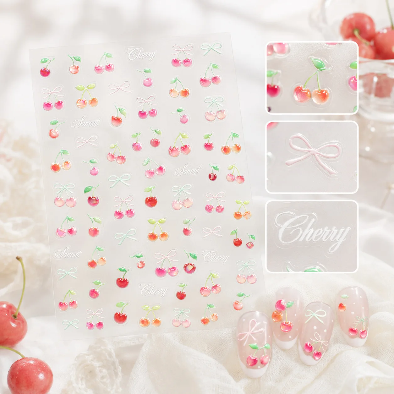 Cute Jelly 5D Nail Art Stickers Fruit Transparent Twin Red Cherry Matching Bow Cute Refreshing Self Adhesive Manicure Supplies