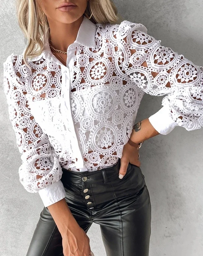 

Fashion Women Blouse 2023 New Spring Lace Hollow Out Button Long Sleeve Top Plain Turn-Down Collar Semi-Sheer Lace Shirt