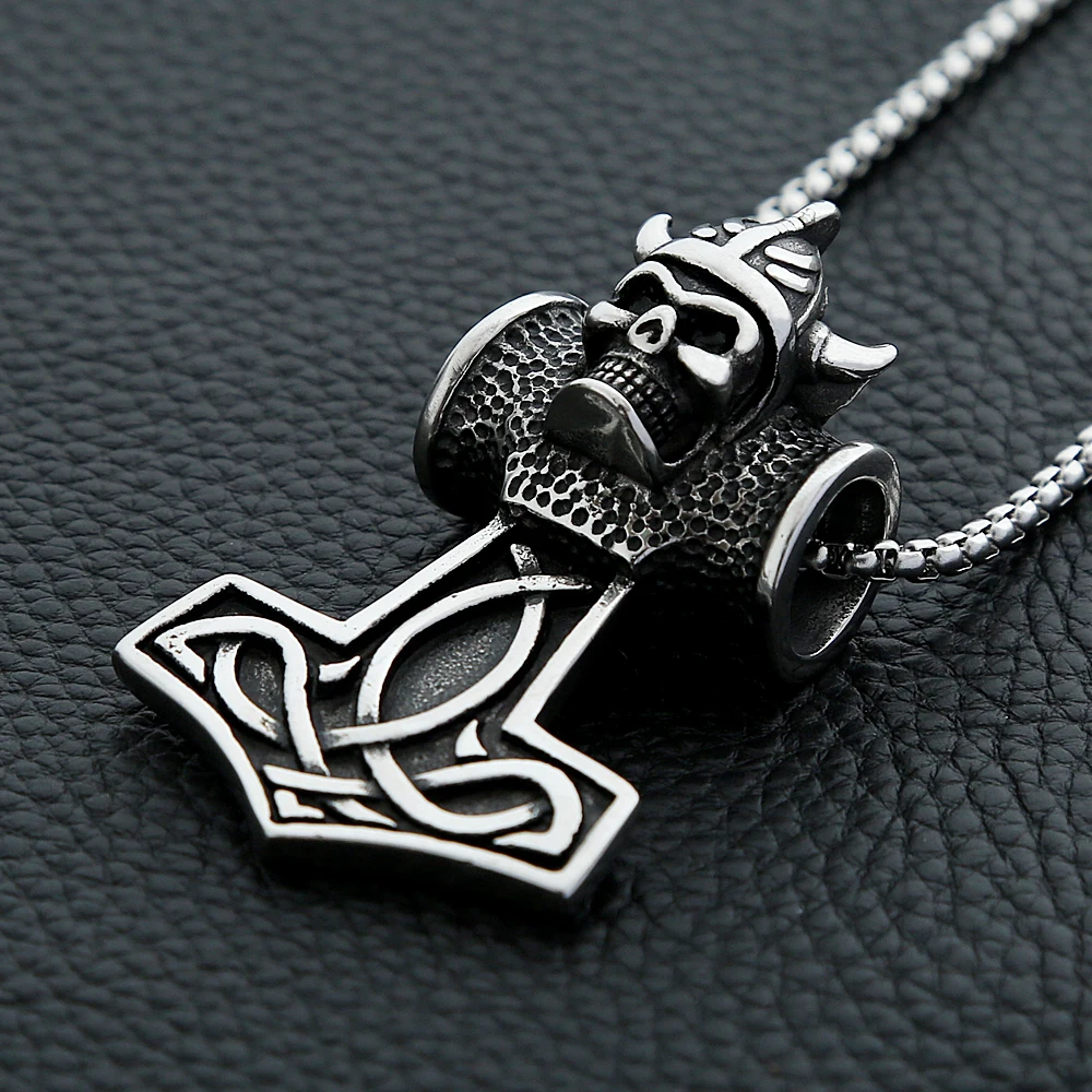 

Punk Thor Hammer Skull Pendant Necklace Men Stainless Steel Norse Viking Pendants Talisman Band Biker Fashion Jewelry