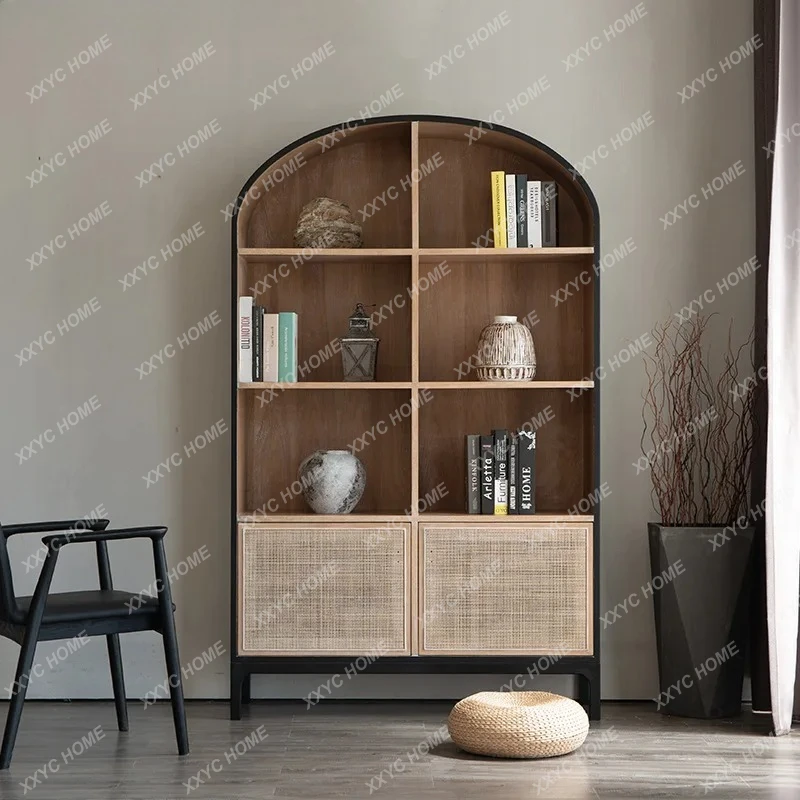 

LQuiet Wind Bookshelf Living Room Solid Wood Bookcase Against Wall White Oak Shelf Rattan